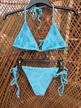 New Frankie’s Bikinis blue floral cheeky terry cloth bikini swimsuit